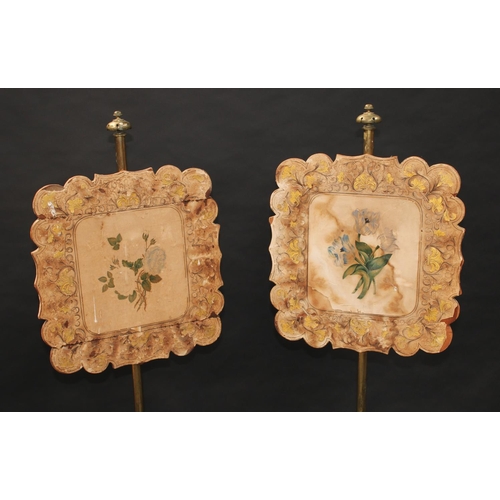 1495 - A pair of Regency rosewood and parcel-gilt pole screens, shaped rectangular banners applied with bot... 