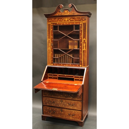 1501 - A George III mahogany and marquetry bureau bookcase, of small proportions, swan neck pediment above ... 