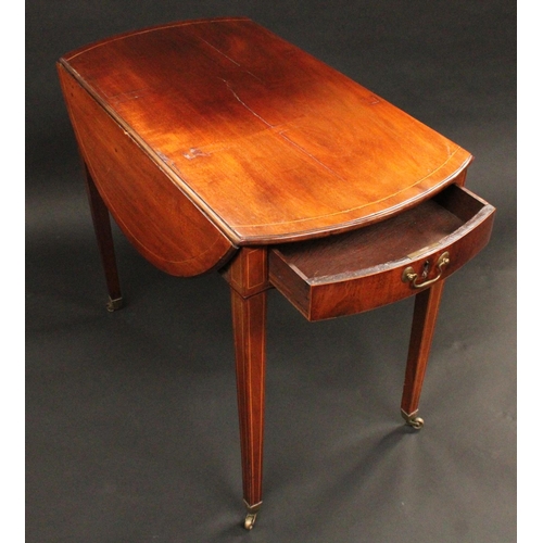 1513 - A George III mahogany Pembroke table, oval top outlined with boxwood stringing, brass swan neck hand... 