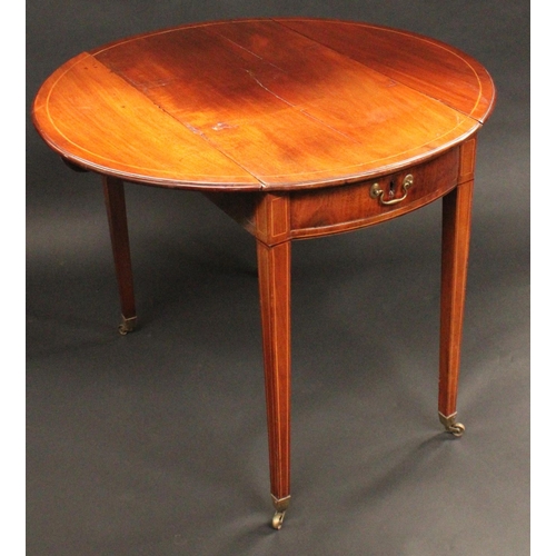 1513 - A George III mahogany Pembroke table, oval top outlined with boxwood stringing, brass swan neck hand... 