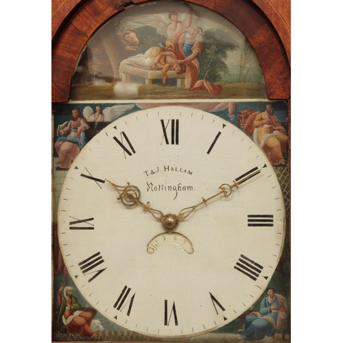 1524 - A George III oak and mahogany longcase clock, 32cm arched painted dial inscribed T&J Hallam, Notting... 