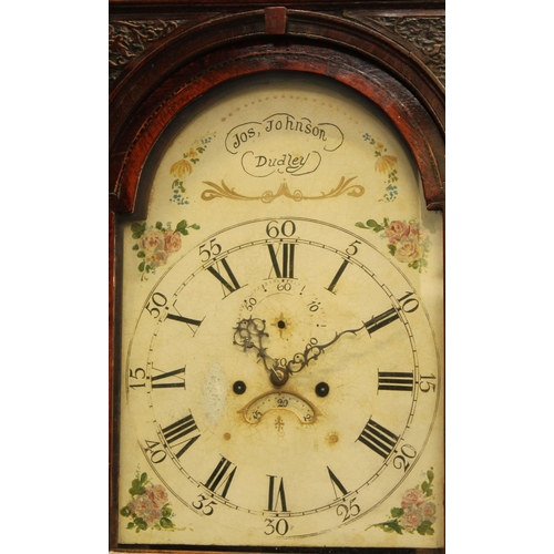 1534 - A George III oak longcase clock, 32cm arched painted dial inscribed Jos Johnson, Dudley, Roman and A... 