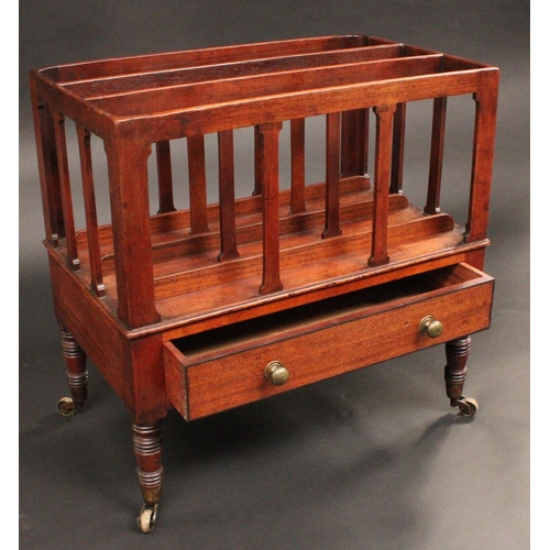 1556 - A George IV mahogany rectangular three-section Canterbury, drawer to base, outlined with ebony strin... 