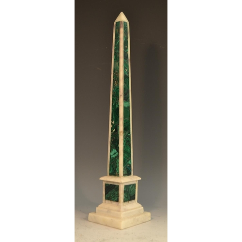 1573 - A Grand Tour design malachite and marble desk obelisk, square plinth base, 40cm high