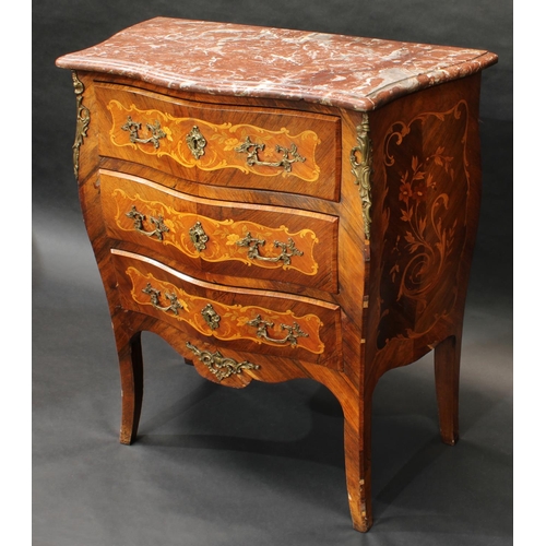 1612 - A Louis XV Revival gilt metal mounted rosewood, kingwood and marquetry bombe shaped commode, of smal... 