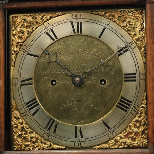 1624 - A mid-18th century oak longcase clock, 24cm square brass dial inscribed John Pettit, Chipping Ongar,... 