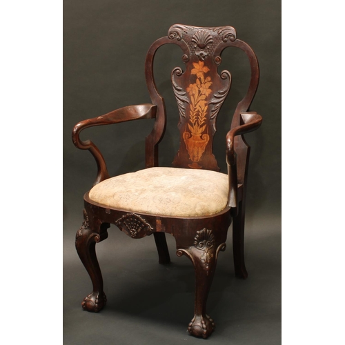 1647 - A pair of 18th century Revival mahogany and marquetry elbow chairs, each shaped back with vasular sp... 