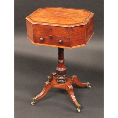 1702 - A Regency mahogany lozenge shaped work table, hinged crossbanded top outlined with brass stringing, ... 