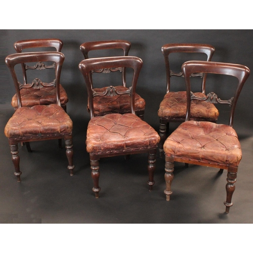 1723 - A set of six early Victorian mahogany dining chairs, each curved cresting rail above a shaped bar ca... 