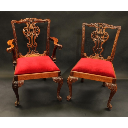 1729 - A set of twelve Chippendale Revival dining chairs, boldly carved throughout, crimson drop-in seats, ... 