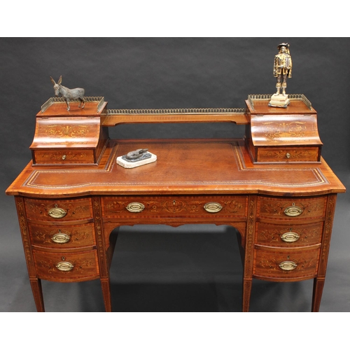 1734 - A Sheraton Revival satinwood crossbanded mahogany and marquetry writing desk, the inverted break-cen... 