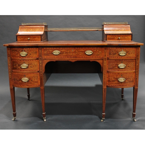 1734 - A Sheraton Revival satinwood crossbanded mahogany and marquetry writing desk, the inverted break-cen... 