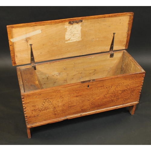 1737 - A small 18th century elm six-plank chest, hinged top, notched borders, the front with punched initia... 