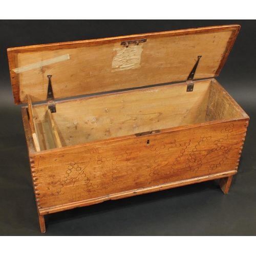 1737 - A small 18th century elm six-plank chest, hinged top, notched borders, the front with punched initia... 