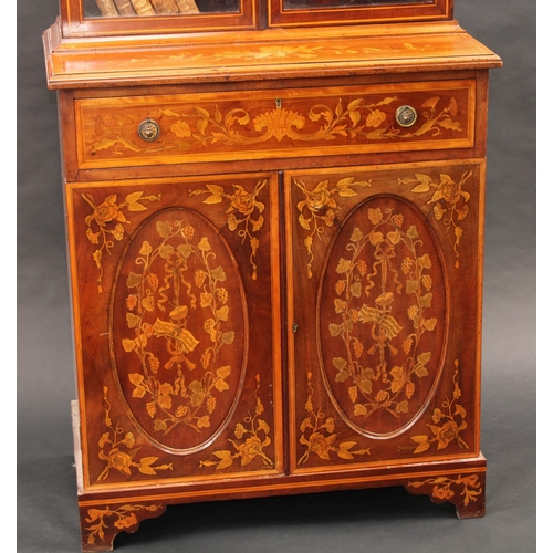 1740 - A small Sheraton Revival satinwood crossbanded mahogany and marquetry bookcase, swan neck pediment a... 