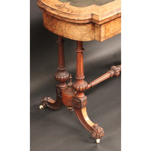 1751 - A Victorian burr walnut and marquetry combination writing and card table, folding top with inset too... 