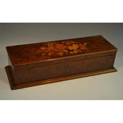 1752 - A Victorian burr walnut and marquetry rectangular box, hinged cover inlaid with a spray of flowers, ... 