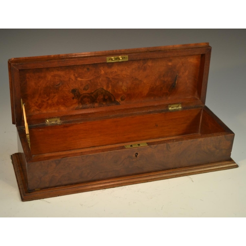 1752 - A Victorian burr walnut and marquetry rectangular box, hinged cover inlaid with a spray of flowers, ... 