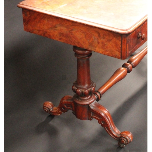 1755 - A Victorian burr walnut rounded rectangular library table, moulded top with matched veneers, above t... 