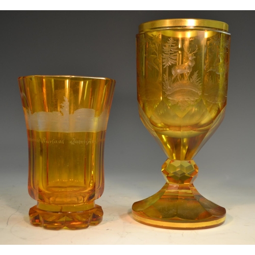 192 - A 19th century Bohemian amber glass octagonal goblet, etched and engraved with Black Forest game, gi... 