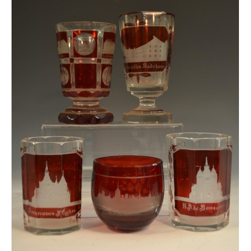 194 - A 19th century Bohemian Named-View ruby and clear glass tapering octagonal goblet, Badehaus, the sid... 