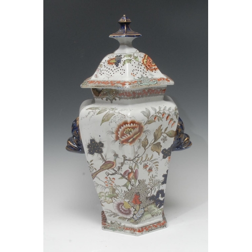 20 - A large Mason Ironstone hexagonal pot pourri vase and cover, decorated in the Imari palette with bir... 