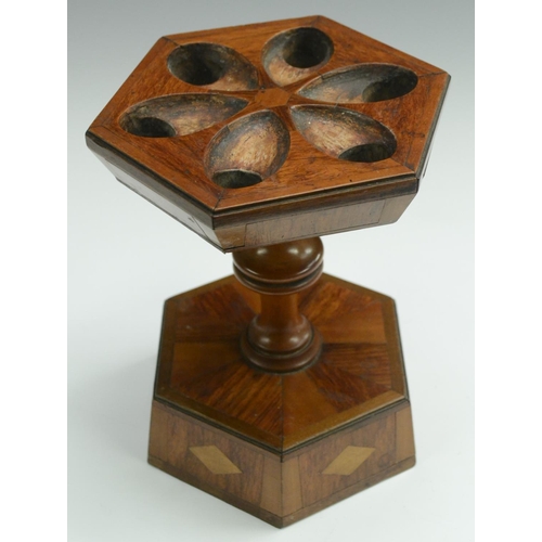 2036 - Treen - a 19th century partridge wood, satinwood and mahogany hexagonal six-section pipe stand, turn... 