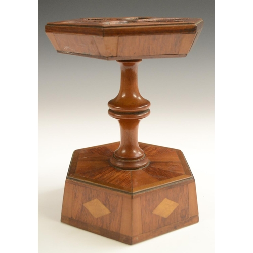 2036 - Treen - a 19th century partridge wood, satinwood and mahogany hexagonal six-section pipe stand, turn... 