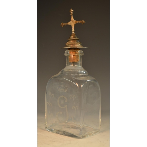 219 - A Swedish royal commemorative glass square baluster decanter, etched with the crowned monogram of Gu... 