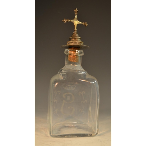 219 - A Swedish royal commemorative glass square baluster decanter, etched with the crowned monogram of Gu... 