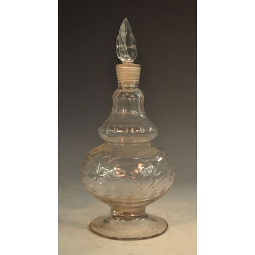 224 - An unusual early 19th century minaret decanter, cut and faceted reservoir, neck and shoulder, leaf-s... 