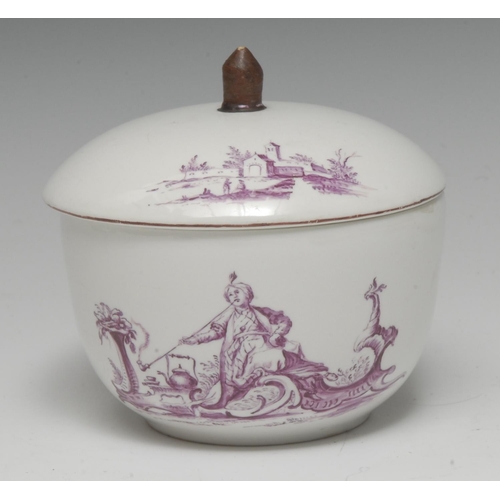 236 - A Hochst rare and early sugar bowl and domed cover, painted in puce with a Turkish figure and landsc... 