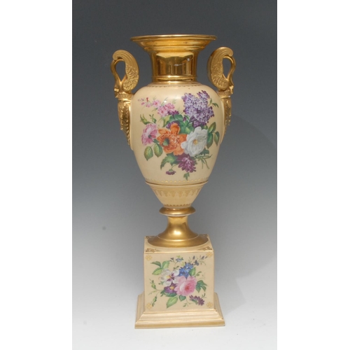 237 - A large Paris two handled pedestal ovoid vase, decorated with colourful summer flowers on a light co... 