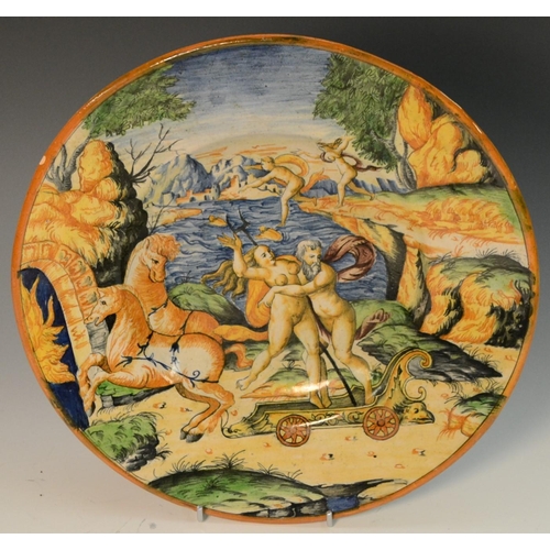 262 - An Italian maiolica  dish, Urbino style,  Ratto Di Proserpina, 28cm diam, titled bears date 1559