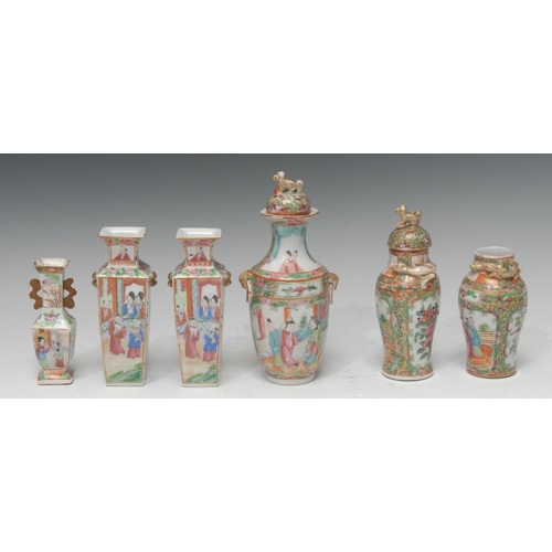 270 - A harlequin arrangement of six Chinese famille verte vases, of small proportions, comprising a balus... 