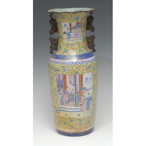 282 - A 19th century Cantonese ovoid vase, decorated with a rectangular panel of figures playing musical i... 