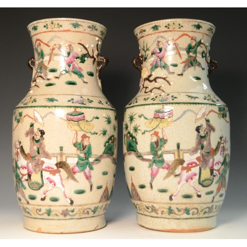 316 - A pair early 20th century Chinese crackle glazed vases, decorated with elders and attendants, 33.5cm... 