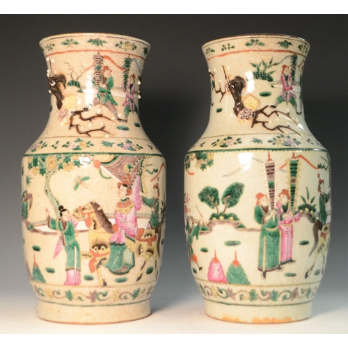 316 - A pair early 20th century Chinese crackle glazed vases, decorated with elders and attendants, 33.5cm... 