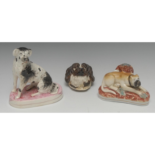 32 - A Staffordshire model, of a seated hound, with black patch markings, oval base, washed in pink, 16cm... 