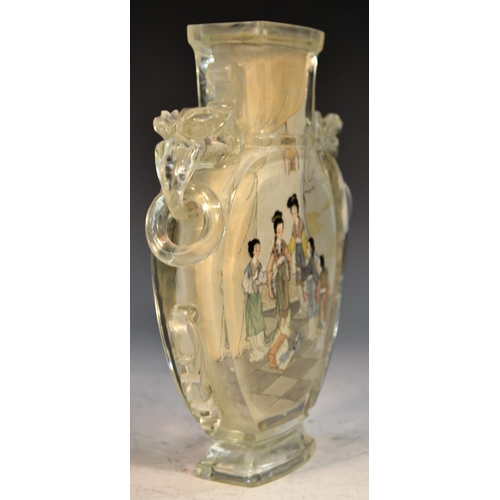 349 - A Chinese rock crystal reverse-painted flattened baluster vase, the interior finely painted with the... 