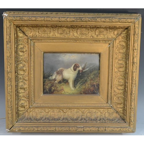 416 - J**Langlois (19th century)  Gundog and Pheasant signed, oil on canvas, 13cm x 19cm |(split in canvas... 