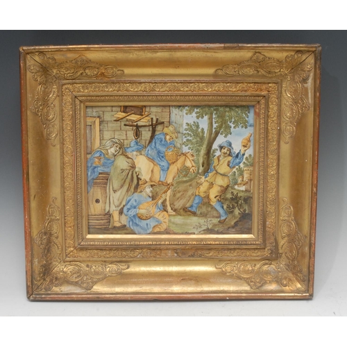 44 - An Italian majolica rectangular plaque, painted in the istoriato manner with tavern revellers, 20cm ... 