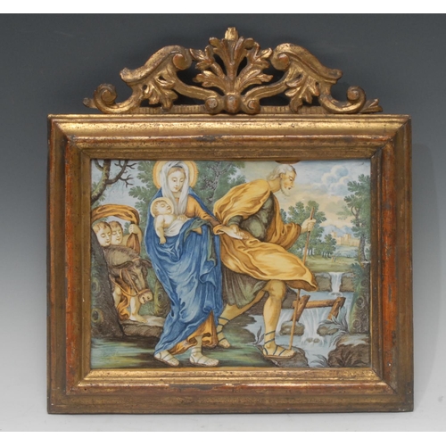 45 - An Italian majolica rectangular plaque, painted in the istoriato manner with the Holy Family and the... 