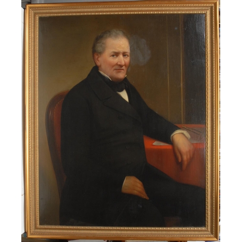 475 - English School (mid-19th century) Portrait of a Gentleman, three-quarter length, sat by a table of p... 