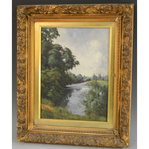 480 - Percy Robinson (early 20th century)  Riverscape  signed and dated 1908, oil on board, 29cm x 21cm