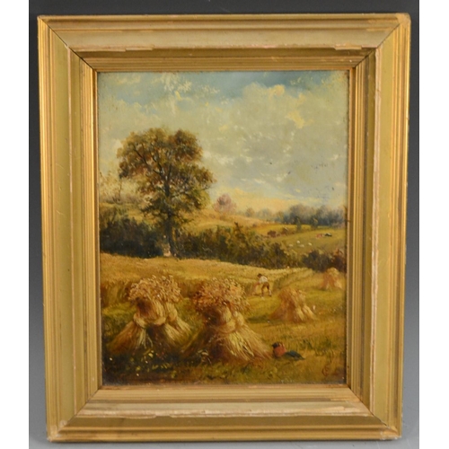 487 - English School (mid-19th century) Haymaking monogrammed, oil on board, 24cm x 18.5cm