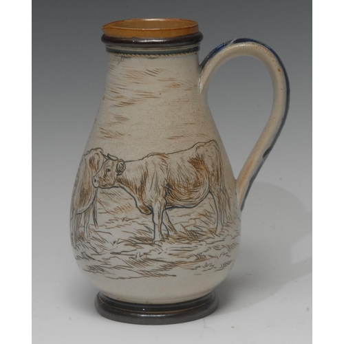 50 - A Royal Doulton ovoid jug, designed by Hannah Barlow, incised with a band of continuous scene of cat... 