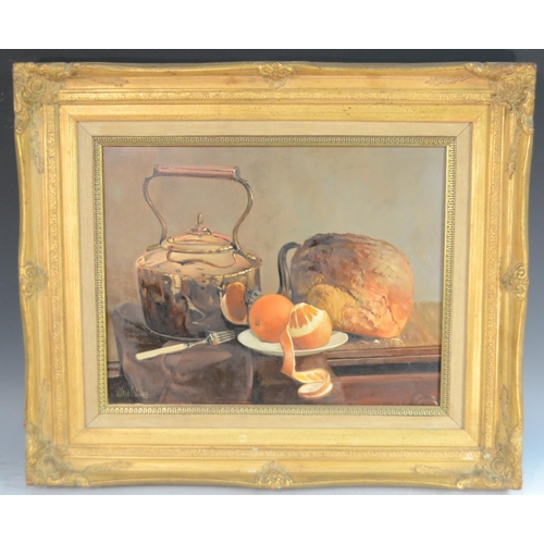 523 - William Calladine (Bn.1941) Still Life with Copper Kettle signed, oil on canvas, 33cm x 43cm