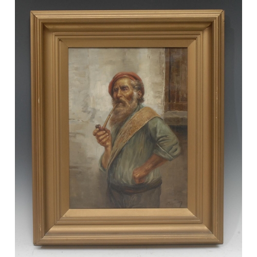 536 - Raffaele Frigerio, Italian (1875 - 1948) A set of three, Fishermen, pipe smoking signed, oils on can... 