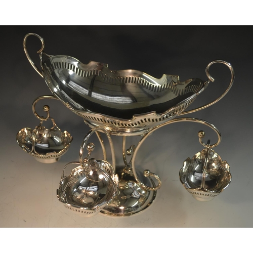 593 - An E.P.N.S table centre epergne, the central boat shaped bowl with pierced border, above four smalle... 